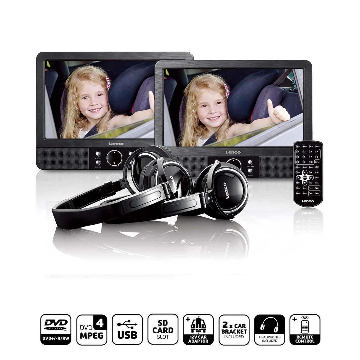 LENCO MES-415 - 9" dubbel scherm - Portable DVD-speler met hoofdtelefoon en brackets - Zwart - Image 6